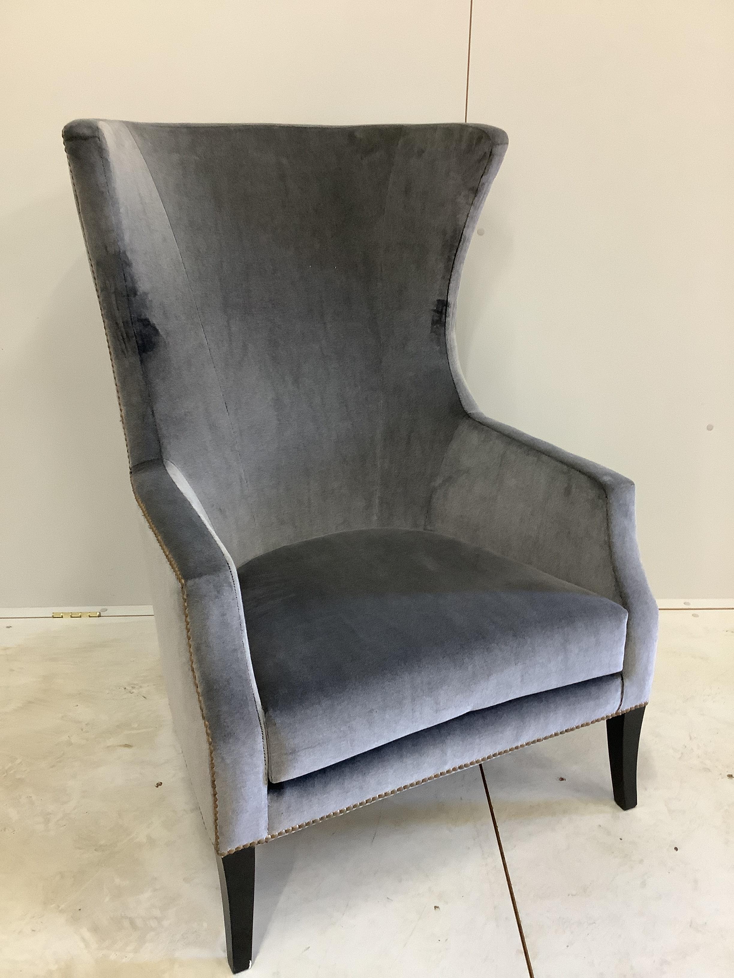 A Brabbu Dukono armchair with studs, reupholstered in Rubelli Spritz col Grigio fabric, width 74cm, depth 70cm, height 110cm